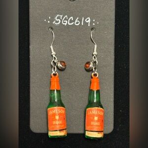 SGC619 Jameson orange whiskey with orange gem accent dangle drop earrings